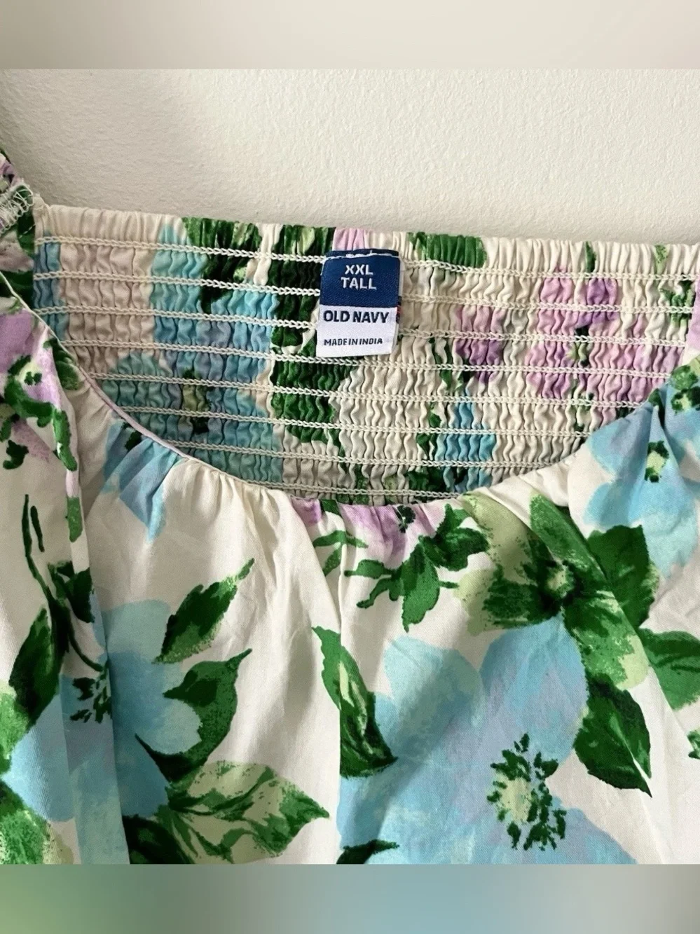 Old Navy Cream Green Purple Floral Smocked Puff Sleeve Cottagecore Top XXL